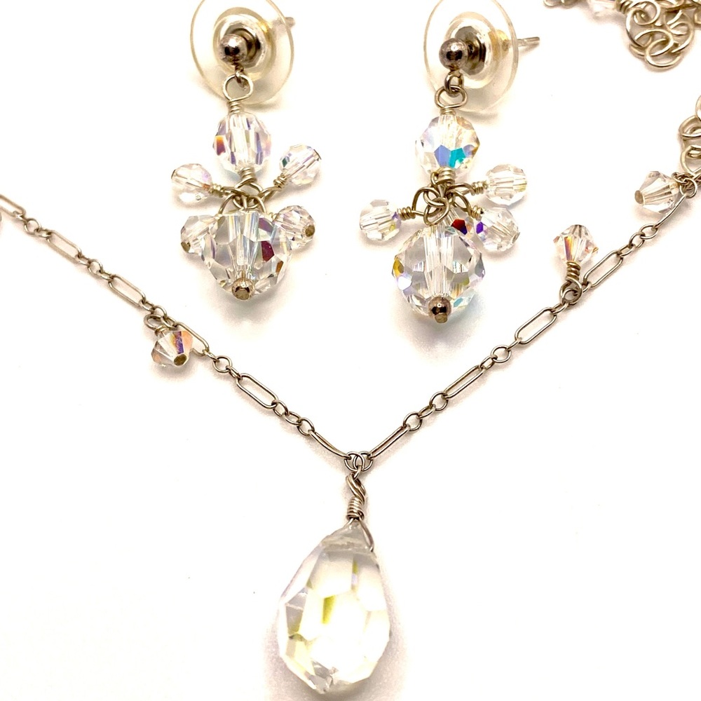 Vintage Holographic Sparkle Drop Earrings and Matching Necklace 32" 💎 K006